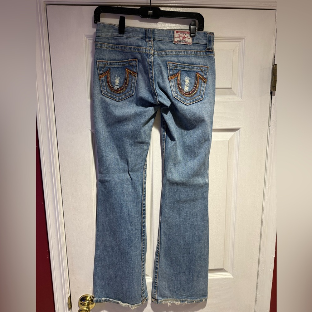True Religion Light Blue Distressed Flare Jeans